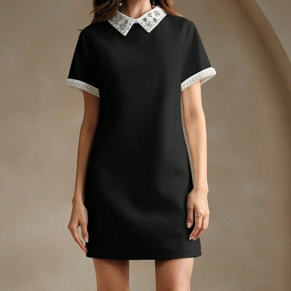 Black Elegant Women's Contrast Color Block Studded Decorated Dress - Picture 6 of 7